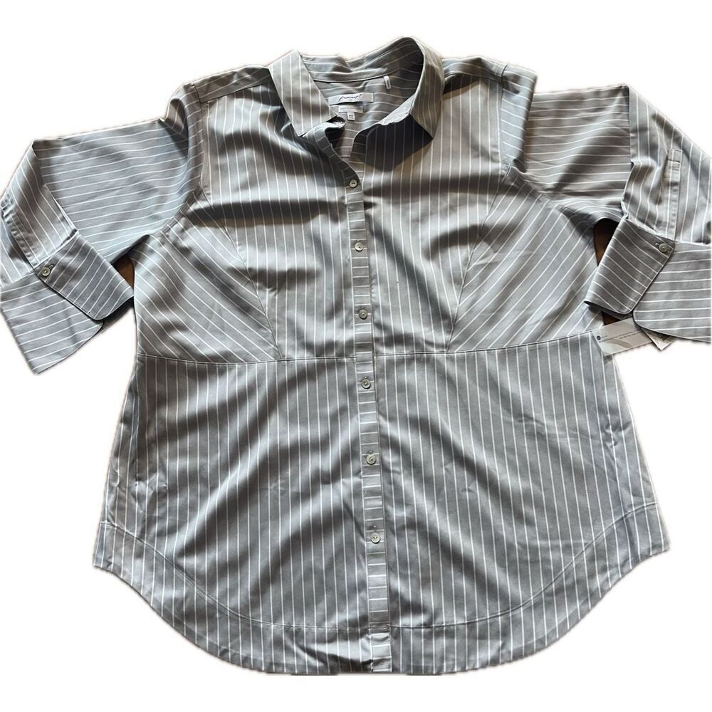 Foxcroft NYC Heritage Non-Iron Fitted button-down shirt Grey and White Striped W